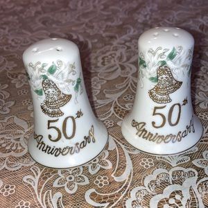 LEFTON china 50th Anniversary salt & pepper shakers, 2 1/2” hi x 2”.  $19